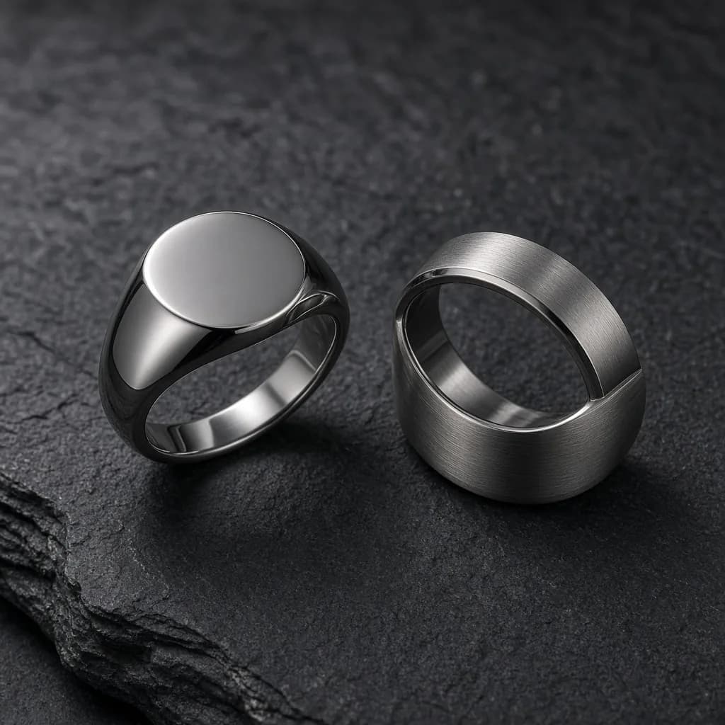 Polished stainless steel signet ring beside a brushed stainless steel band