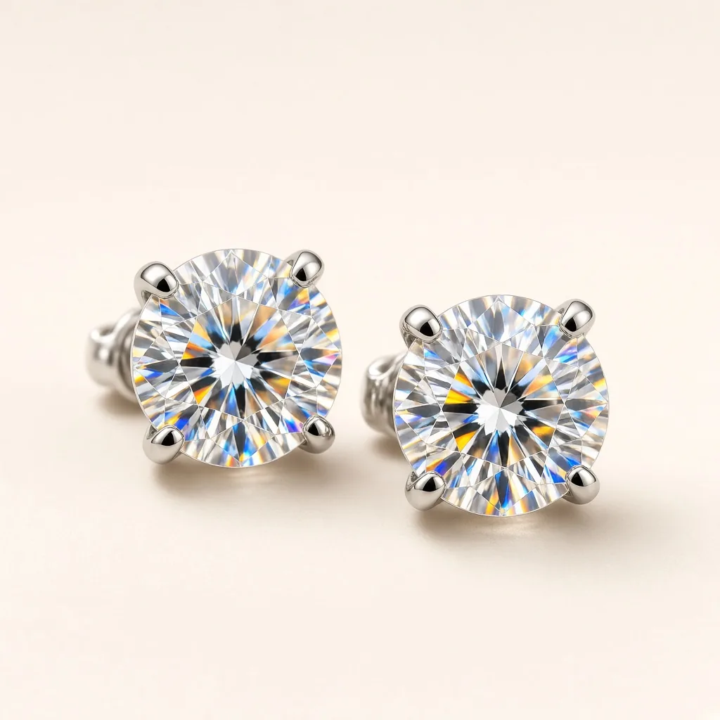 Pair of round brilliant moissanite stud earrings in four-prong stainless steel settings