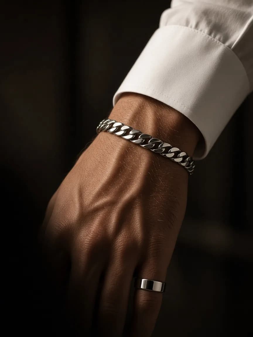 Polished stainless steel Cuban bracelet and band ring worn with a white shirt